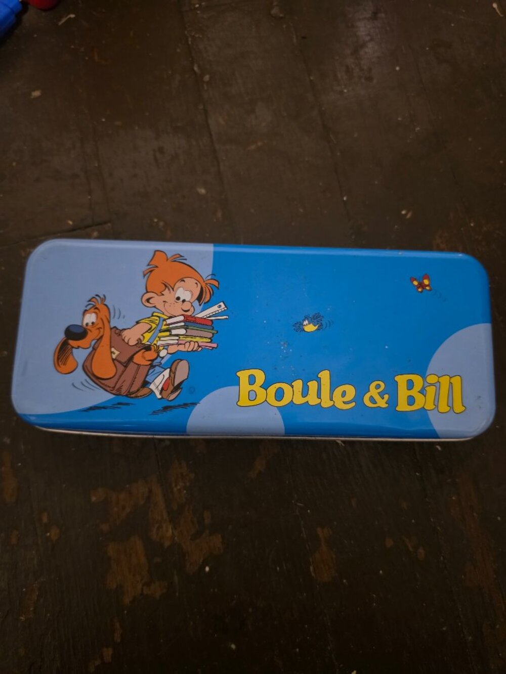 vintage Boule & Bill metal pencil case, based on classic Franco-Belgian comic